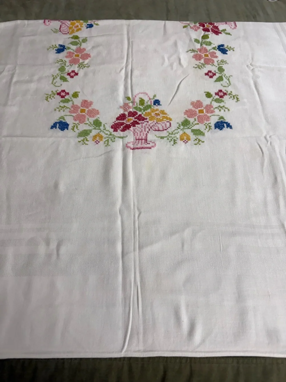 Embroidered Floral Linen Tablecloth - White with Pastel Flowers  OSK